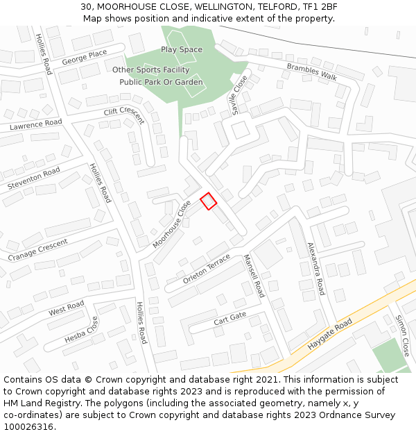 30, MOORHOUSE CLOSE, WELLINGTON, TELFORD, TF1 2BF: Location map and indicative extent of plot