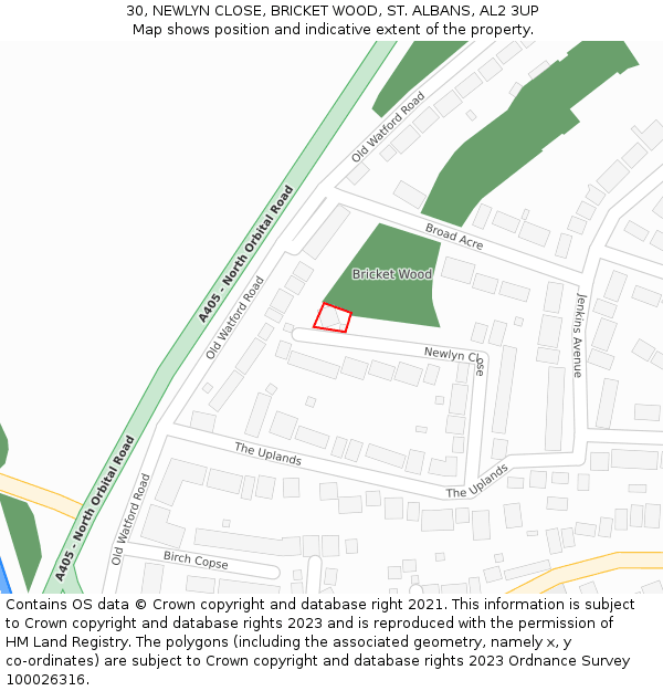 30, NEWLYN CLOSE, BRICKET WOOD, ST. ALBANS, AL2 3UP: Location map and indicative extent of plot