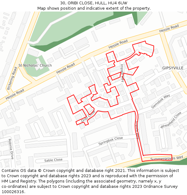 30, ORIBI CLOSE, HULL, HU4 6UW: Location map and indicative extent of plot