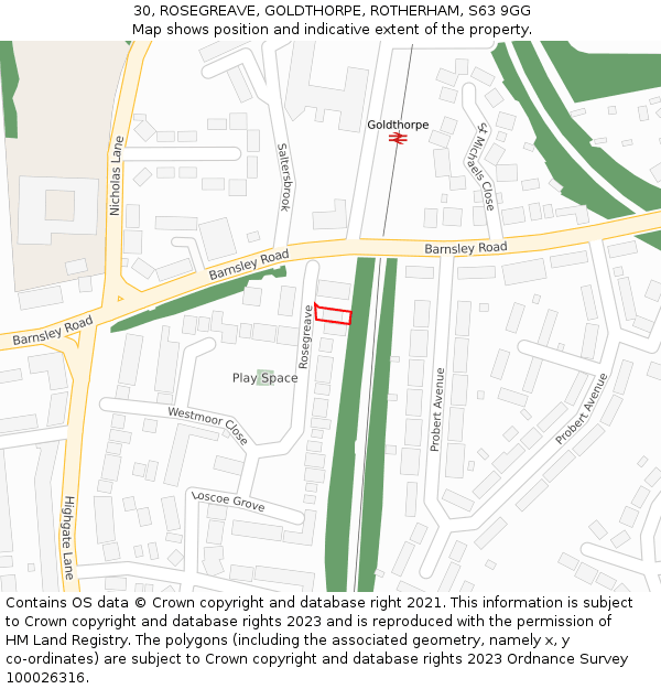 30, ROSEGREAVE, GOLDTHORPE, ROTHERHAM, S63 9GG: Location map and indicative extent of plot