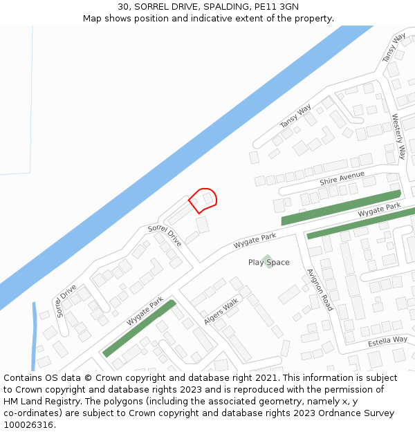 30, SORREL DRIVE, SPALDING, PE11 3GN: Location map and indicative extent of plot