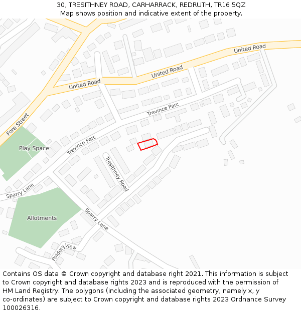 30, TRESITHNEY ROAD, CARHARRACK, REDRUTH, TR16 5QZ: Location map and indicative extent of plot