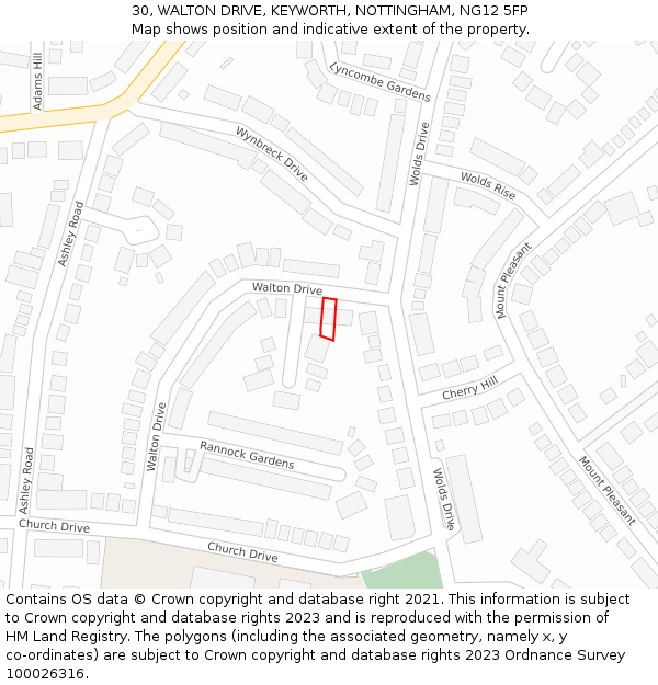 30, WALTON DRIVE, KEYWORTH, NOTTINGHAM, NG12 5FP: Location map and indicative extent of plot