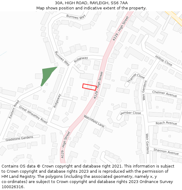 30A, HIGH ROAD, RAYLEIGH, SS6 7AA: Location map and indicative extent of plot