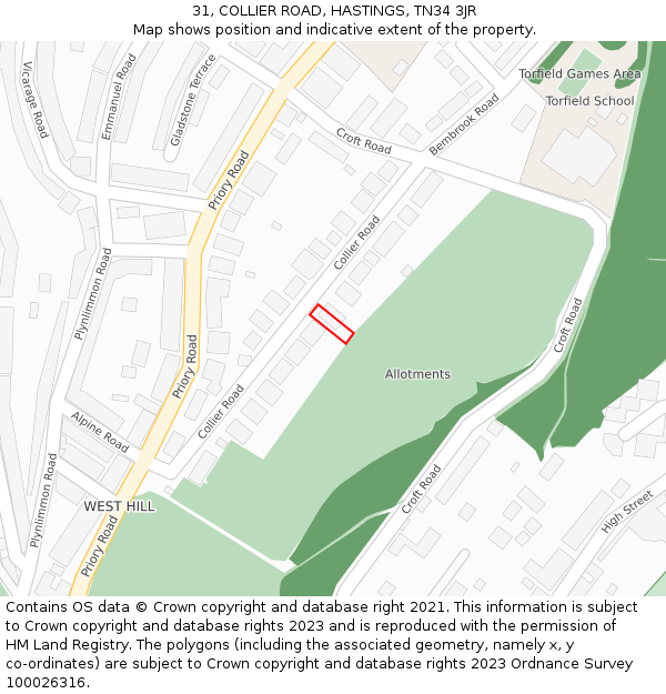 31, COLLIER ROAD, HASTINGS, TN34 3JR: Location map and indicative extent of plot