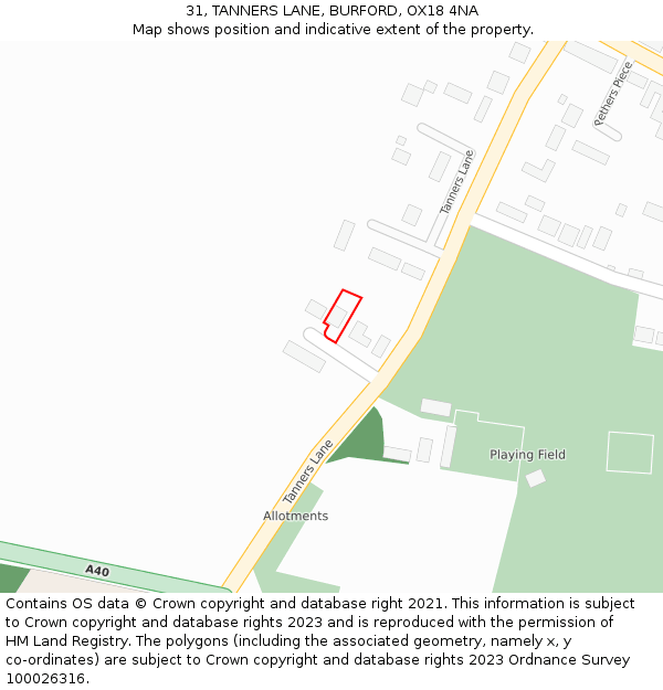 31, TANNERS LANE, BURFORD, OX18 4NA: Location map and indicative extent of plot