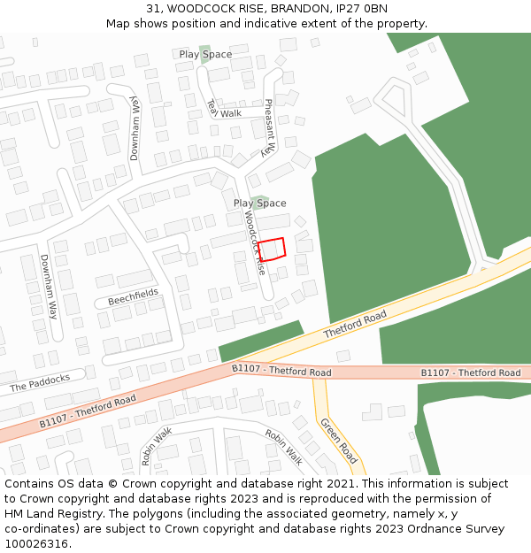 31, WOODCOCK RISE, BRANDON, IP27 0BN: Location map and indicative extent of plot