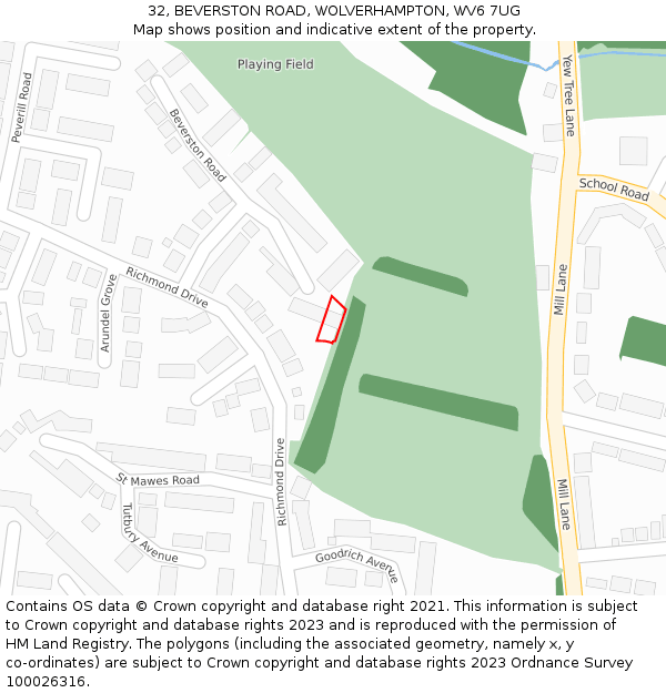 32, BEVERSTON ROAD, WOLVERHAMPTON, WV6 7UG: Location map and indicative extent of plot