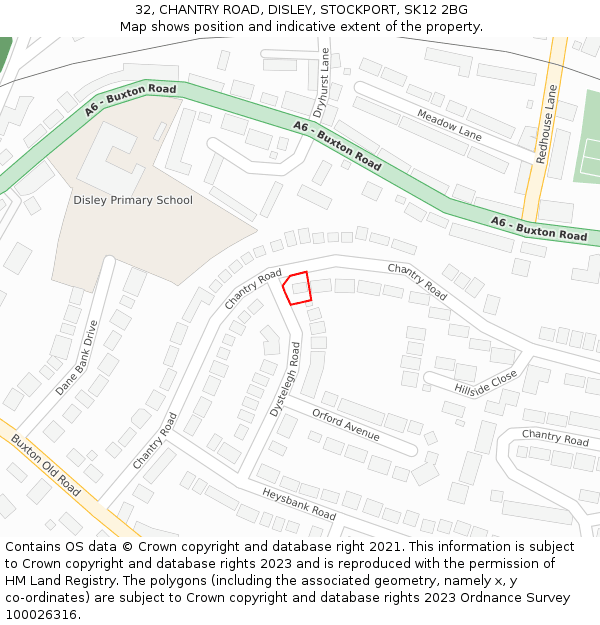 32, CHANTRY ROAD, DISLEY, STOCKPORT, SK12 2BG: Location map and indicative extent of plot