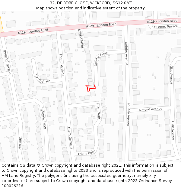 32, DEIRDRE CLOSE, WICKFORD, SS12 0AZ: Location map and indicative extent of plot