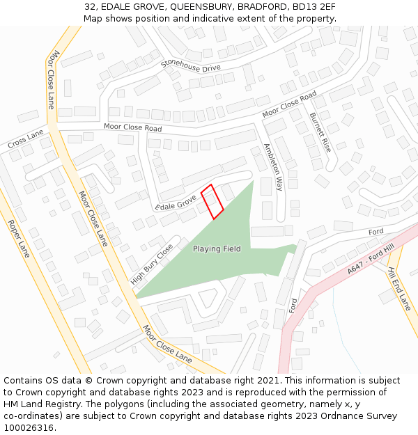 32, EDALE GROVE, QUEENSBURY, BRADFORD, BD13 2EF: Location map and indicative extent of plot