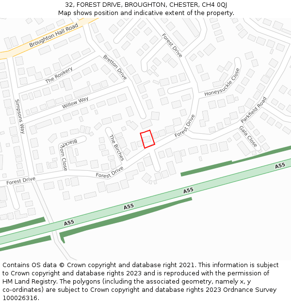 32, FOREST DRIVE, BROUGHTON, CHESTER, CH4 0QJ: Location map and indicative extent of plot