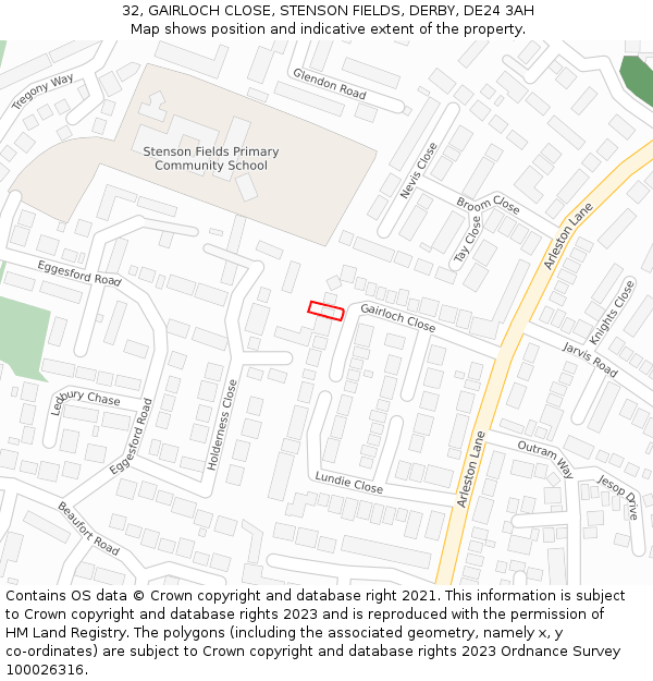 32, GAIRLOCH CLOSE, STENSON FIELDS, DERBY, DE24 3AH: Location map and indicative extent of plot