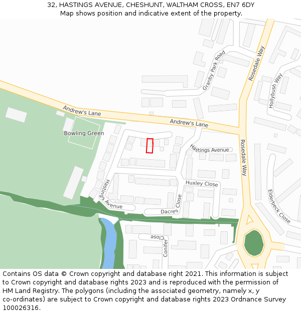 32, HASTINGS AVENUE, CHESHUNT, WALTHAM CROSS, EN7 6DY: Location map and indicative extent of plot