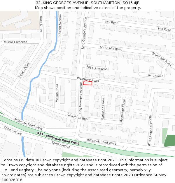 32, KING GEORGES AVENUE, SOUTHAMPTON, SO15 4JR: Location map and indicative extent of plot