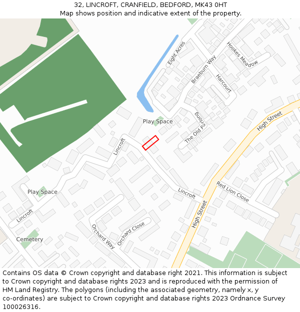 32, LINCROFT, CRANFIELD, BEDFORD, MK43 0HT: Location map and indicative extent of plot