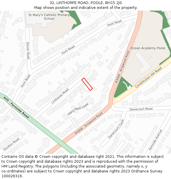 32, LINTHORPE ROAD, POOLE, BH15 2JS: Location map and indicative extent of plot