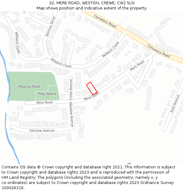 32, MERE ROAD, WESTON, CREWE, CW2 5LN: Location map and indicative extent of plot