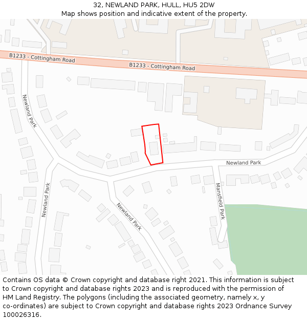 32, NEWLAND PARK, HULL, HU5 2DW: Location map and indicative extent of plot