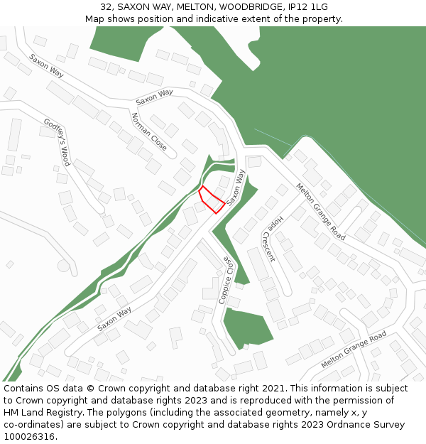 32, SAXON WAY, MELTON, WOODBRIDGE, IP12 1LG: Location map and indicative extent of plot