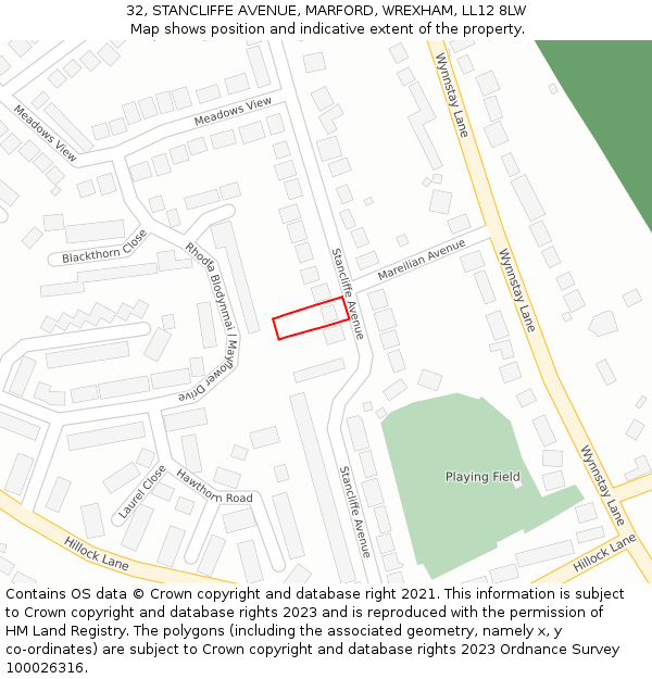 32, STANCLIFFE AVENUE, MARFORD, WREXHAM, LL12 8LW: Location map and indicative extent of plot