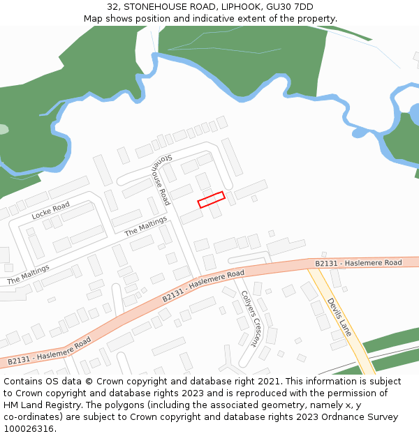 32, STONEHOUSE ROAD, LIPHOOK, GU30 7DD: Location map and indicative extent of plot