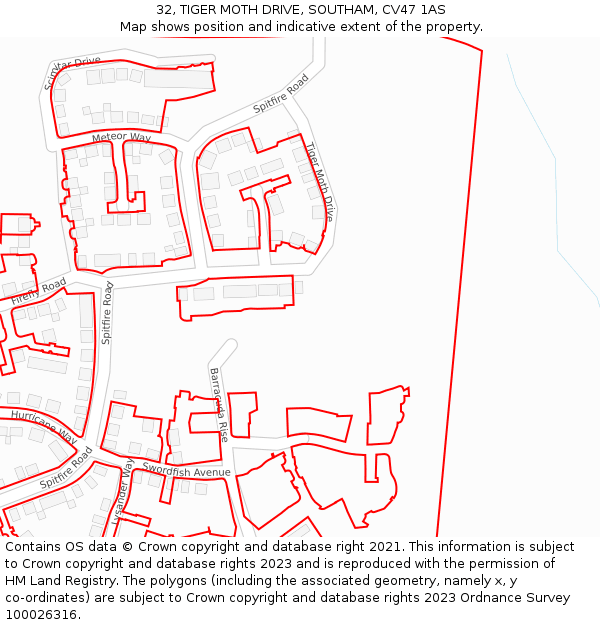 32, TIGER MOTH DRIVE, SOUTHAM, CV47 1AS: Location map and indicative extent of plot