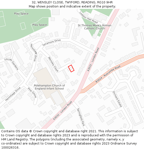 32, WENSLEY CLOSE, TWYFORD, READING, RG10 9HR: Location map and indicative extent of plot