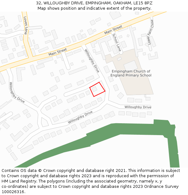 32, WILLOUGHBY DRIVE, EMPINGHAM, OAKHAM, LE15 8PZ: Location map and indicative extent of plot