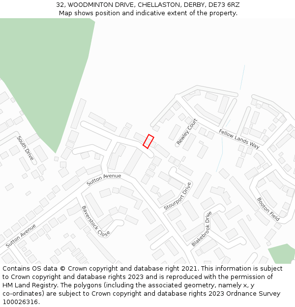 32, WOODMINTON DRIVE, CHELLASTON, DERBY, DE73 6RZ: Location map and indicative extent of plot