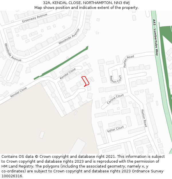 32A, KENDAL CLOSE, NORTHAMPTON, NN3 6WJ: Location map and indicative extent of plot