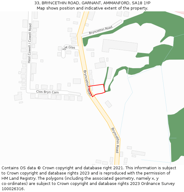 33, BRYNCETHIN ROAD, GARNANT, AMMANFORD, SA18 1YP: Location map and indicative extent of plot