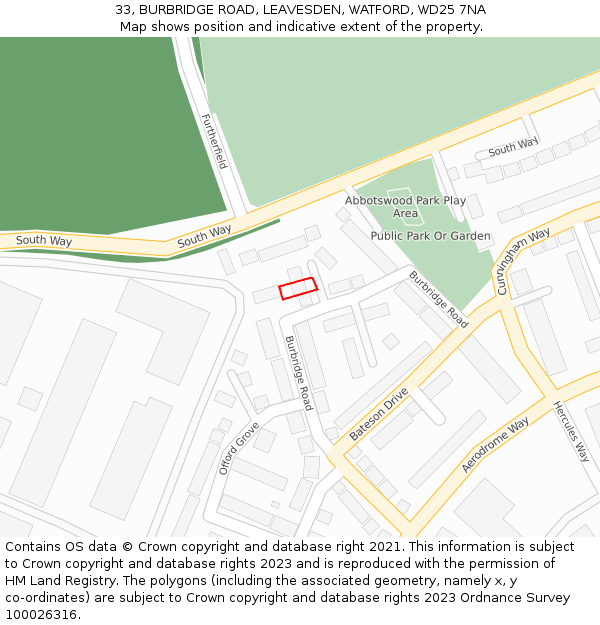 33, BURBRIDGE ROAD, LEAVESDEN, WATFORD, WD25 7NA: Location map and indicative extent of plot