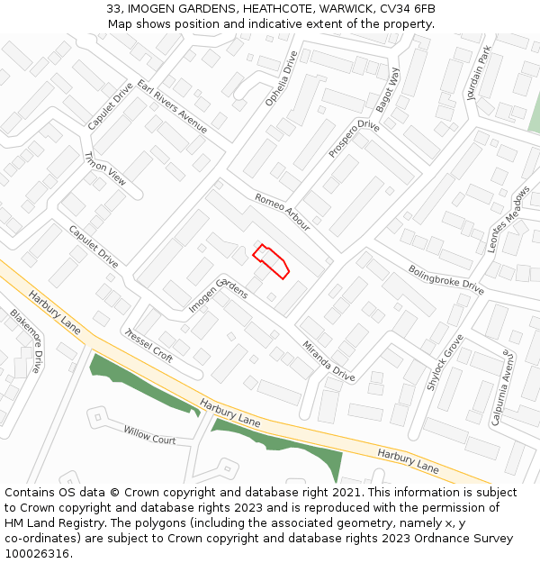 33, IMOGEN GARDENS, HEATHCOTE, WARWICK, CV34 6FB: Location map and indicative extent of plot