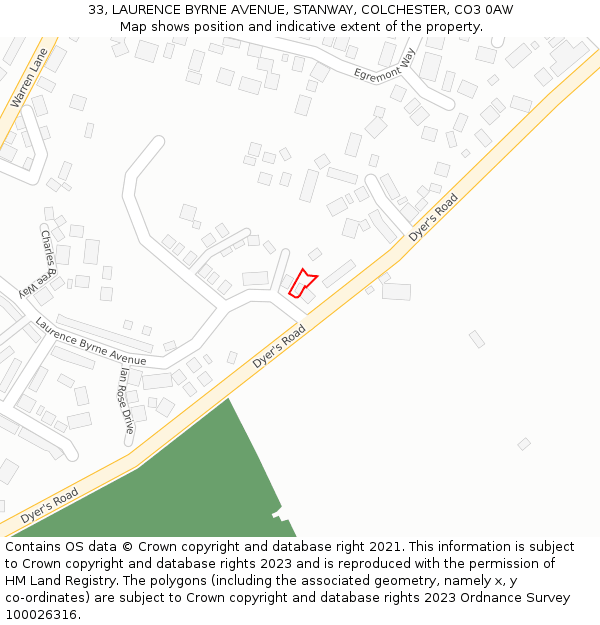 33, LAURENCE BYRNE AVENUE, STANWAY, COLCHESTER, CO3 0AW: Location map and indicative extent of plot