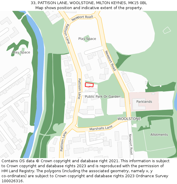 33, PATTISON LANE, WOOLSTONE, MILTON KEYNES, MK15 0BL: Location map and indicative extent of plot