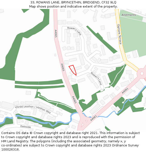 33, ROWANS LANE, BRYNCETHIN, BRIDGEND, CF32 9LQ: Location map and indicative extent of plot