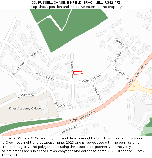 33, RUSSELL CHASE, BINFIELD, BRACKNELL, RG42 4FZ: Location map and indicative extent of plot