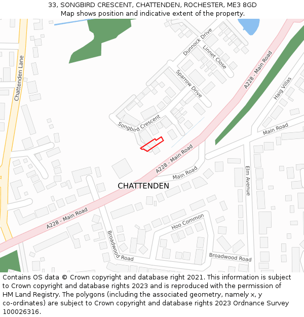 33, SONGBIRD CRESCENT, CHATTENDEN, ROCHESTER, ME3 8GD: Location map and indicative extent of plot