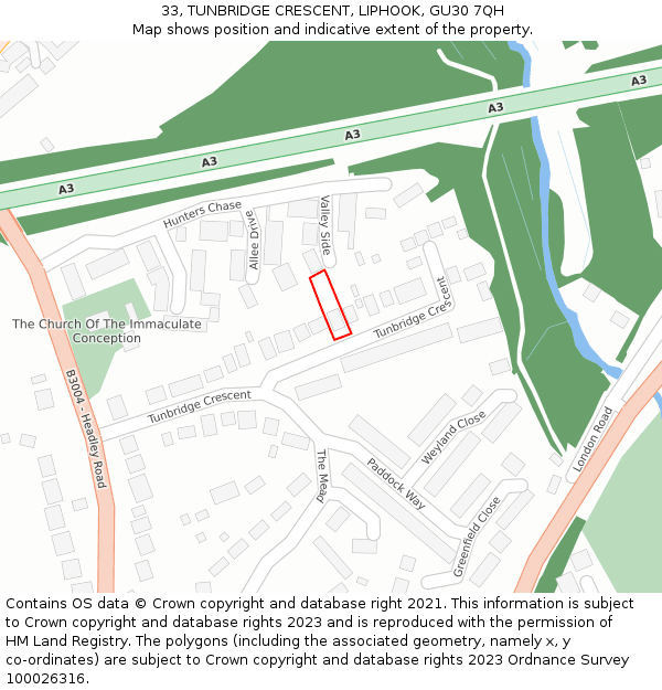 33, TUNBRIDGE CRESCENT, LIPHOOK, GU30 7QH: Location map and indicative extent of plot