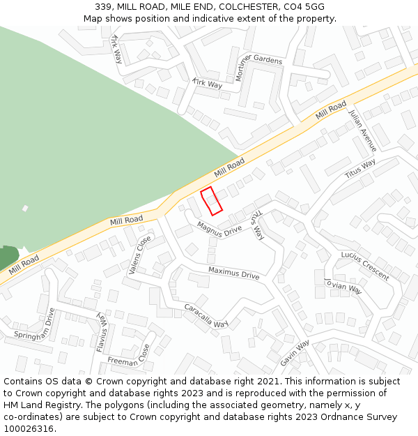 339, MILL ROAD, MILE END, COLCHESTER, CO4 5GG: Location map and indicative extent of plot