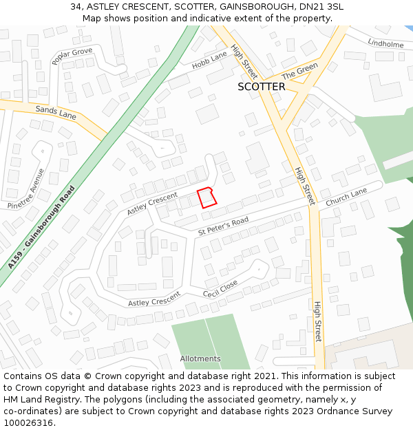 34, ASTLEY CRESCENT, SCOTTER, GAINSBOROUGH, DN21 3SL: Location map and indicative extent of plot