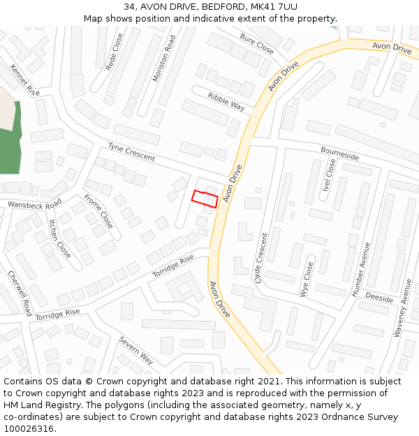 34, AVON DRIVE, BEDFORD, MK41 7UU: Location map and indicative extent of plot