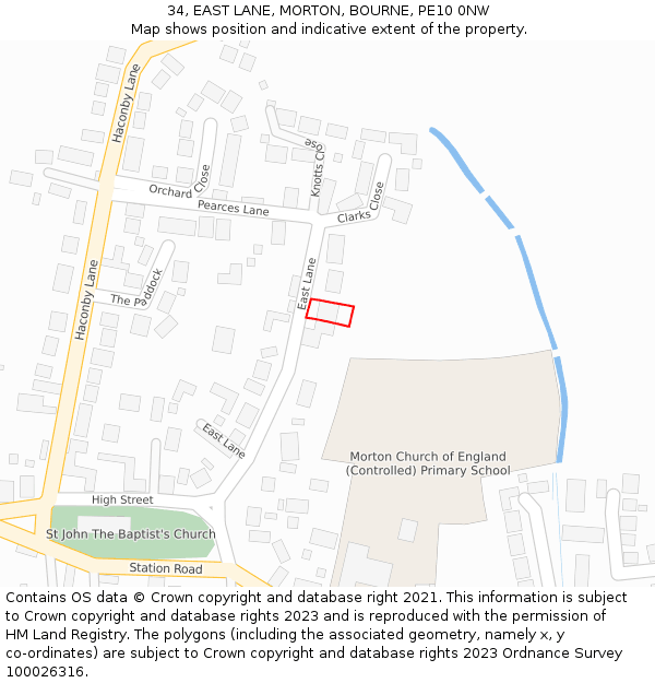 34, EAST LANE, MORTON, BOURNE, PE10 0NW: Location map and indicative extent of plot