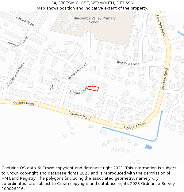 34, FREESIA CLOSE, WEYMOUTH, DT3 6SN: Location map and indicative extent of plot