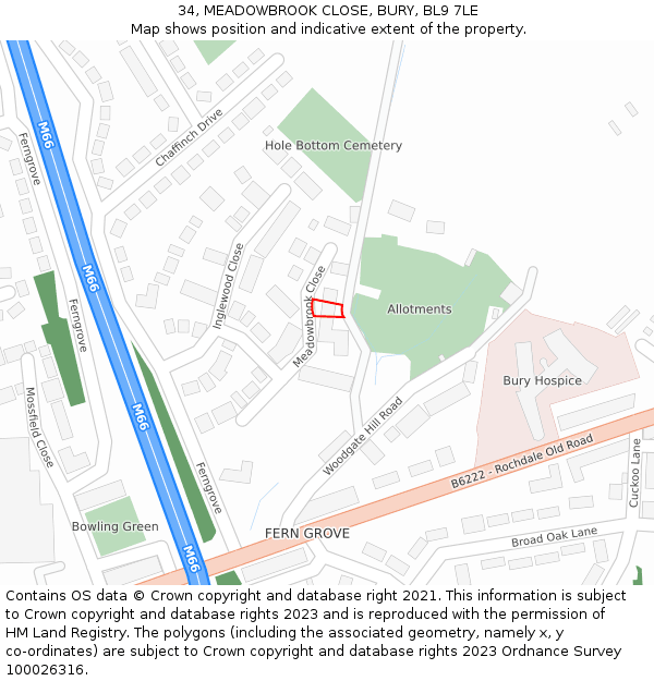 34, MEADOWBROOK CLOSE, BURY, BL9 7LE: Location map and indicative extent of plot