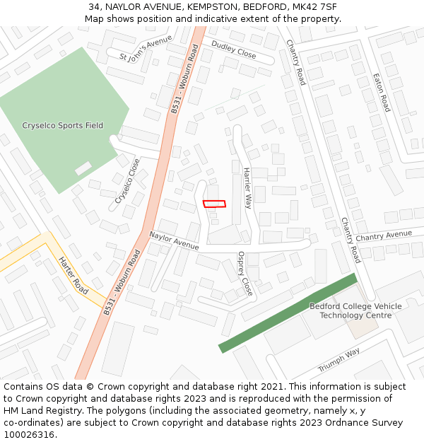 34, NAYLOR AVENUE, KEMPSTON, BEDFORD, MK42 7SF: Location map and indicative extent of plot