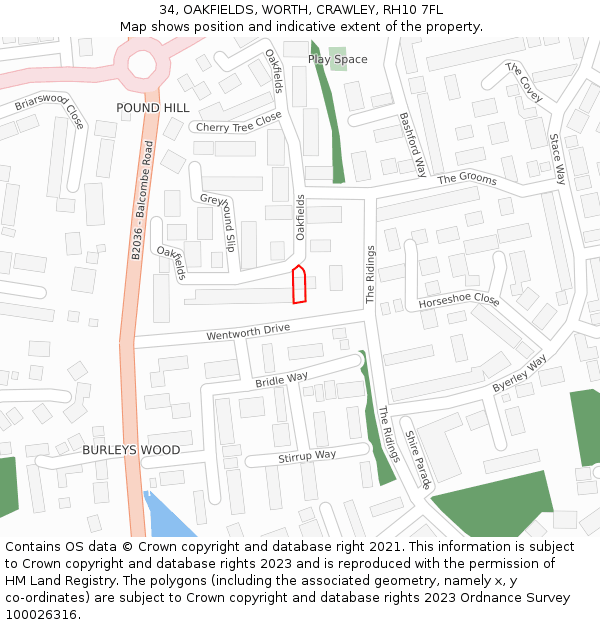 34, OAKFIELDS, WORTH, CRAWLEY, RH10 7FL: Location map and indicative extent of plot