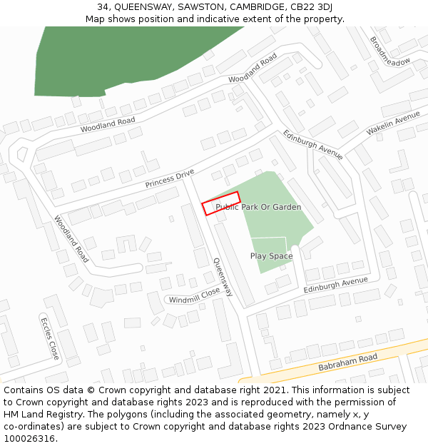 34, QUEENSWAY, SAWSTON, CAMBRIDGE, CB22 3DJ: Location map and indicative extent of plot