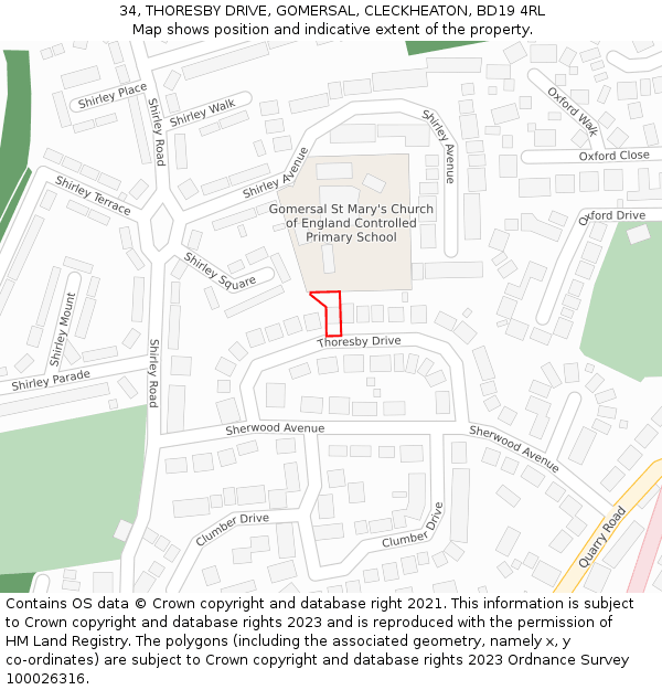 34, THORESBY DRIVE, GOMERSAL, CLECKHEATON, BD19 4RL: Location map and indicative extent of plot